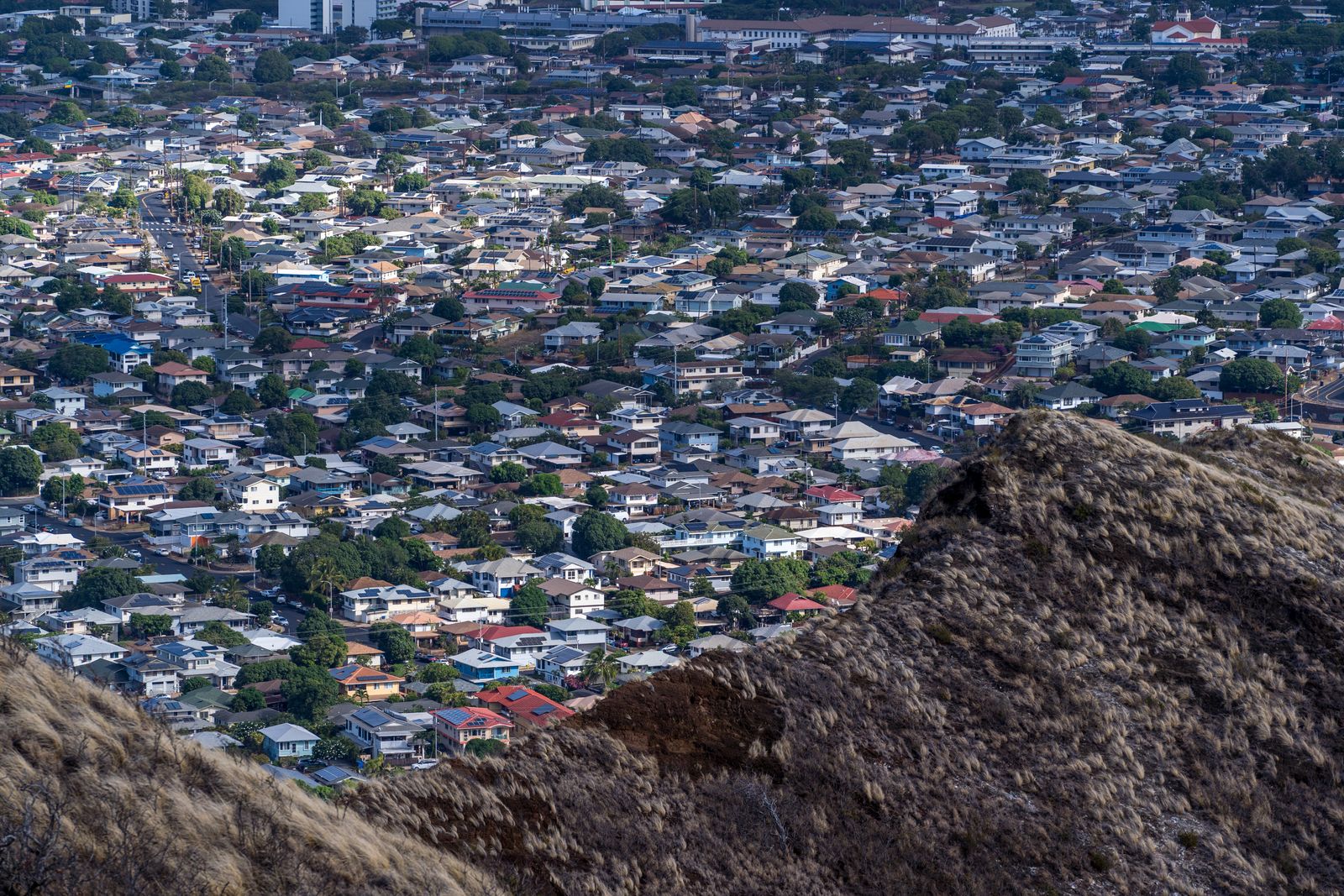 A stunning aerial view of a residential district in Honolulu, showcasing urban density and architecture.
